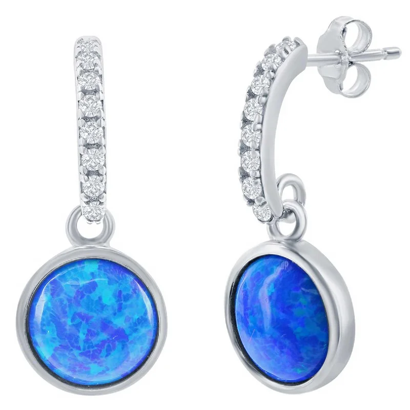 push-lock ladies earrings-Opalata Women's Earrings - Sterling Silver Round Blue Opal with CZ | D-7936