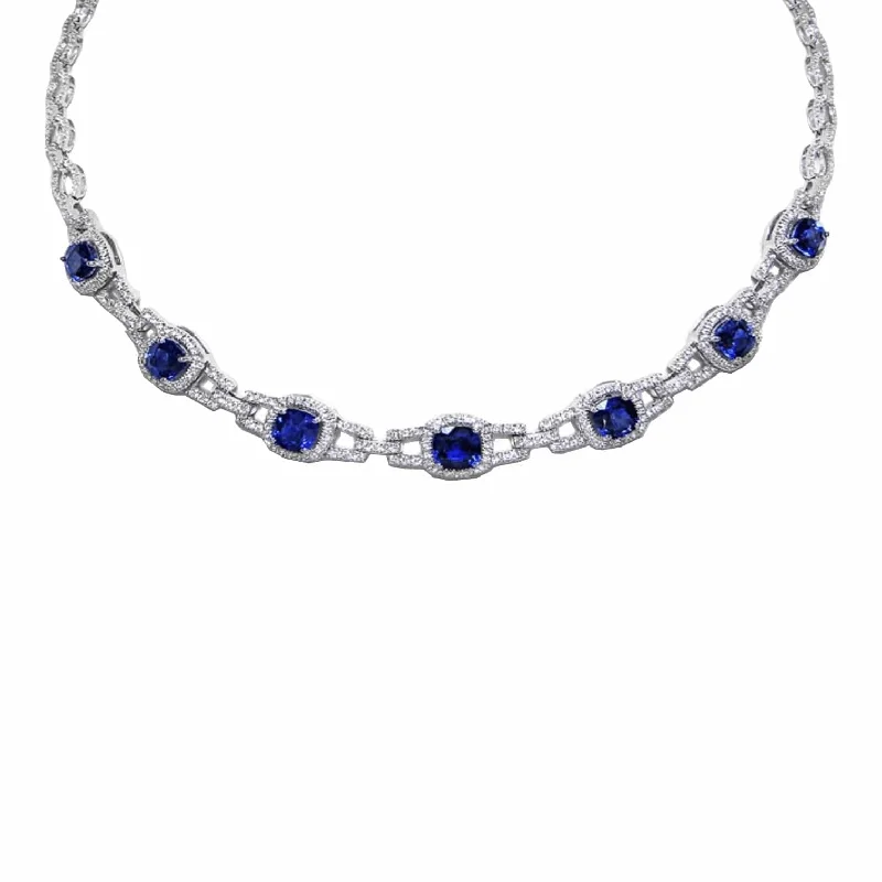 cluster gemstone ladies necklace-Sri Lanka Blue Sapphire & Diamond Chain Link Necklace