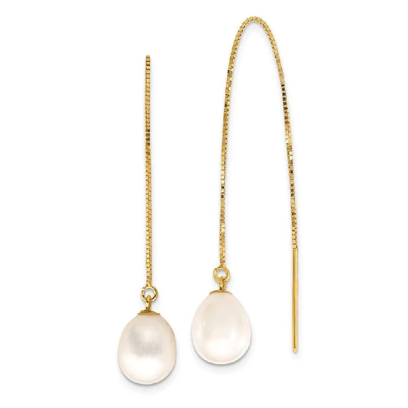 double-layer ladies earrings-14k 7-8mm White Teardrop FW Cultured Pearl Box Chain Threader Earrings