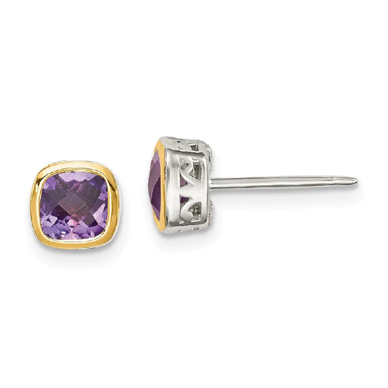 classic solitaire ladies earrings-Sterling Silver w/ 14K Accent Amethyst Square Stud Earrings