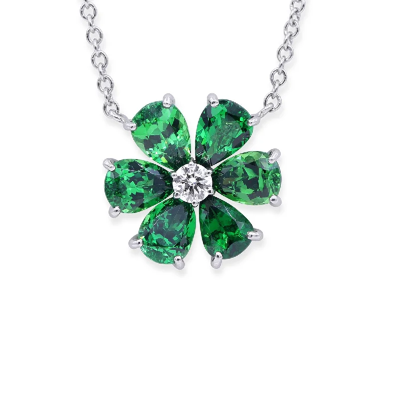 dragonfly charm ladies necklace-Platinum Tsavorite and Diamond Flower Pendant Necklace