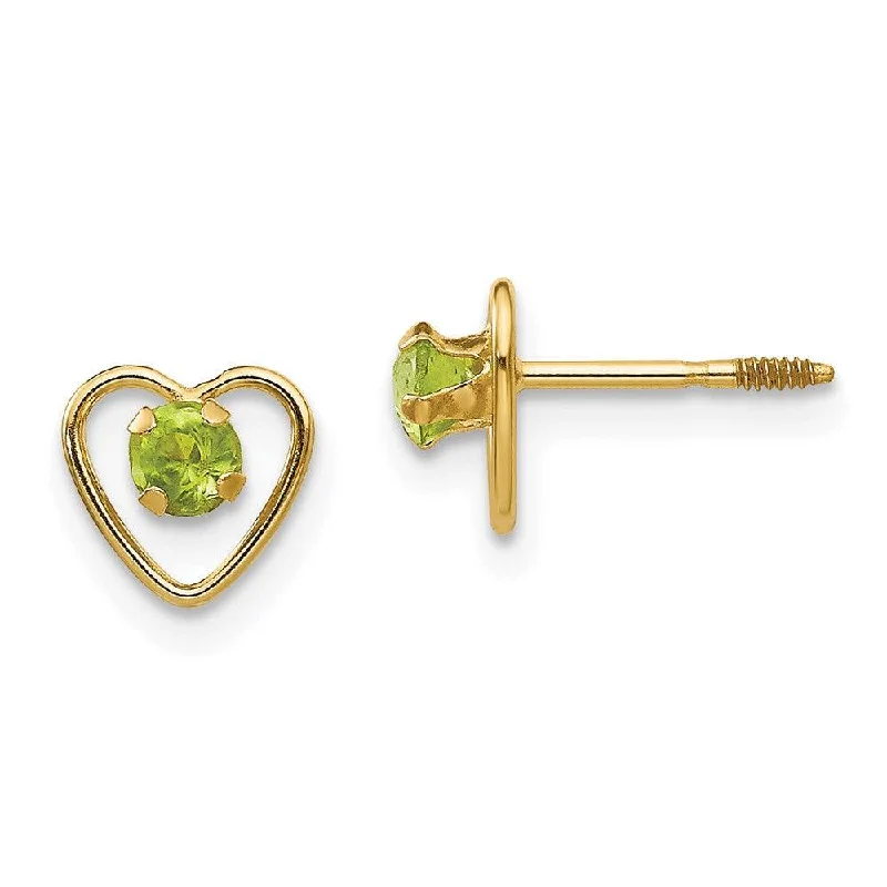 adjustable clip-on ladies earrings-Madi K Kid's 14k  3mm Peridot Birthstone Heart Earrings