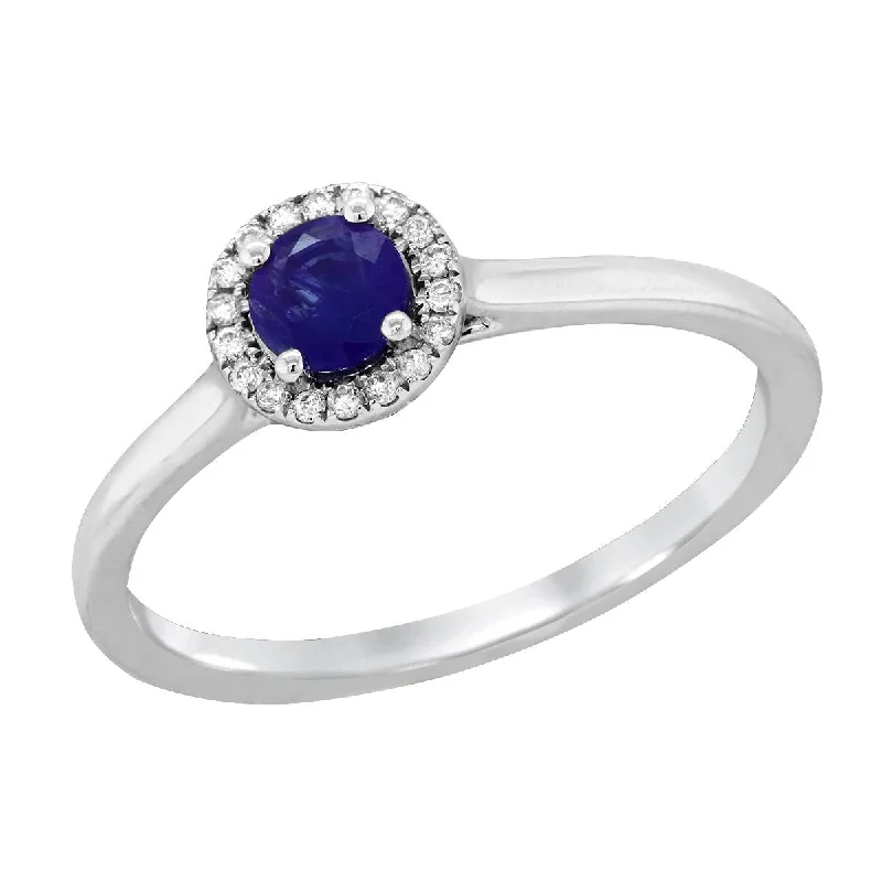 heart charm ladies ring-WHITE GOLD SAPPHIRE RING WITH DIAMOND HALO, .05 CT TW