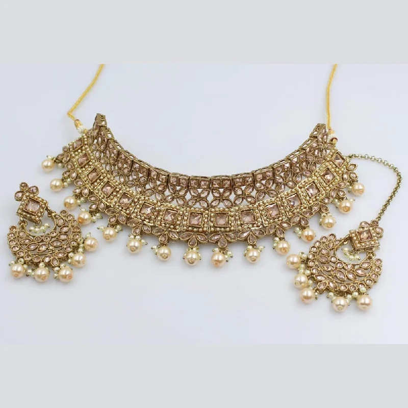 marquise cut ladies necklace-Rani Sati Jewels Gold Plated Crystal And Pearl Choker Necklace Set