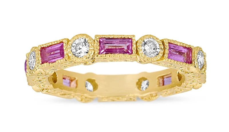 three-stone ladies ring-Baguette Pink Sapphire & Round Diamond Bezel Stack Ring