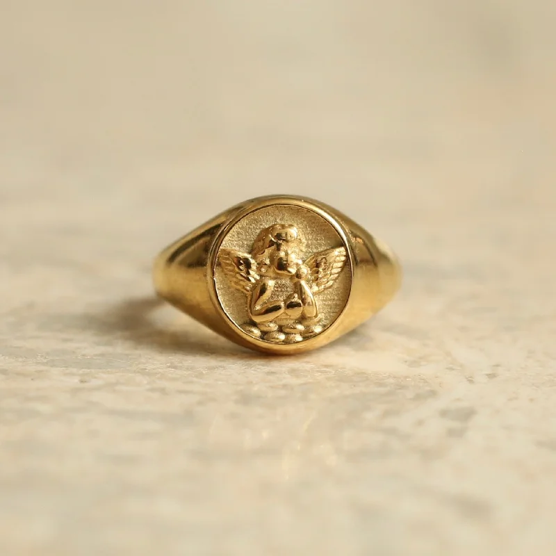 rose gold ladies ring-Angel Signet Ring