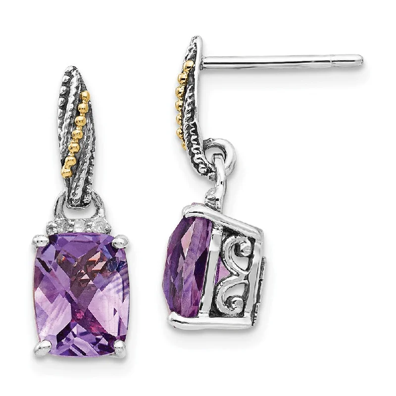 romantic love ladies earrings-Sterling Silver w/14k Diamond and Amethyst Dangle Post Earrings