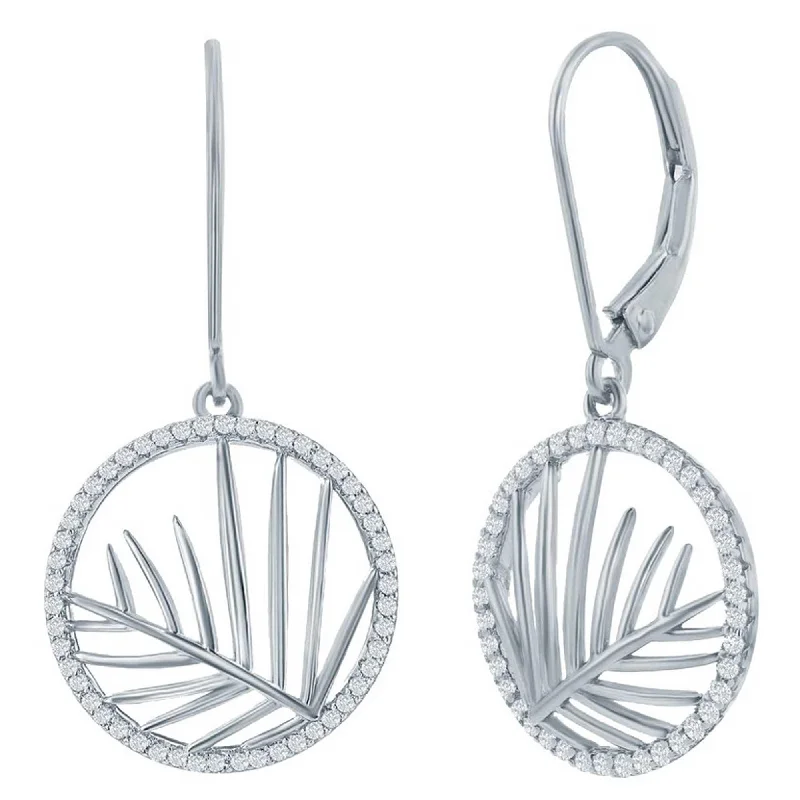 sterling silver charm ladies earrings-Classic Women's Earrings - Round CZ Outline with Center Cut-Out Leaf Dangle | D-8409