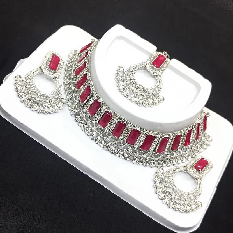 double-layer ladies necklace-Akruti Collection Silver Plated Crystal Stone Choker Necklace Set