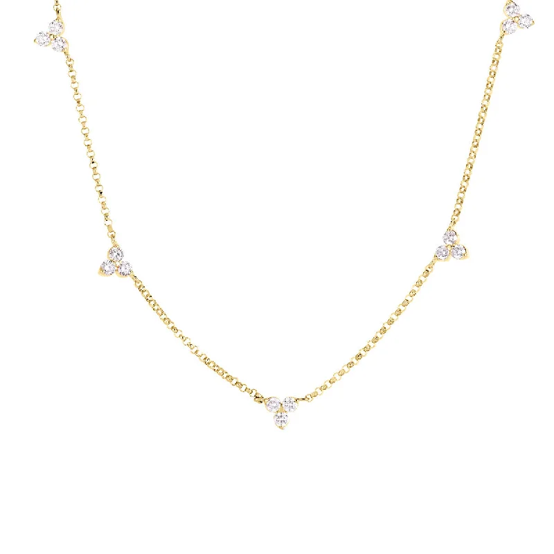 minimalist charm ladies necklace-18K Yellow Gold Diamonds by the Inch 5 Station Flower Necklace