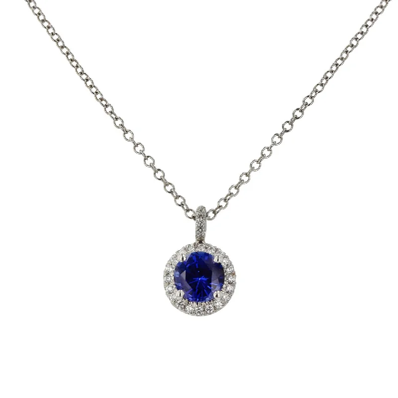 oval-cut ladies necklace-Sapphire and Diamond Halo Pendant Necklace