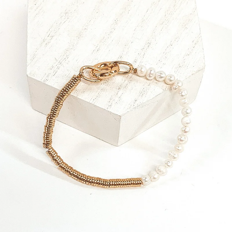 handmade leather ladies bracelets & bangles-Gold Metal Disk Beaded Bracelet with a White Pearl Accent