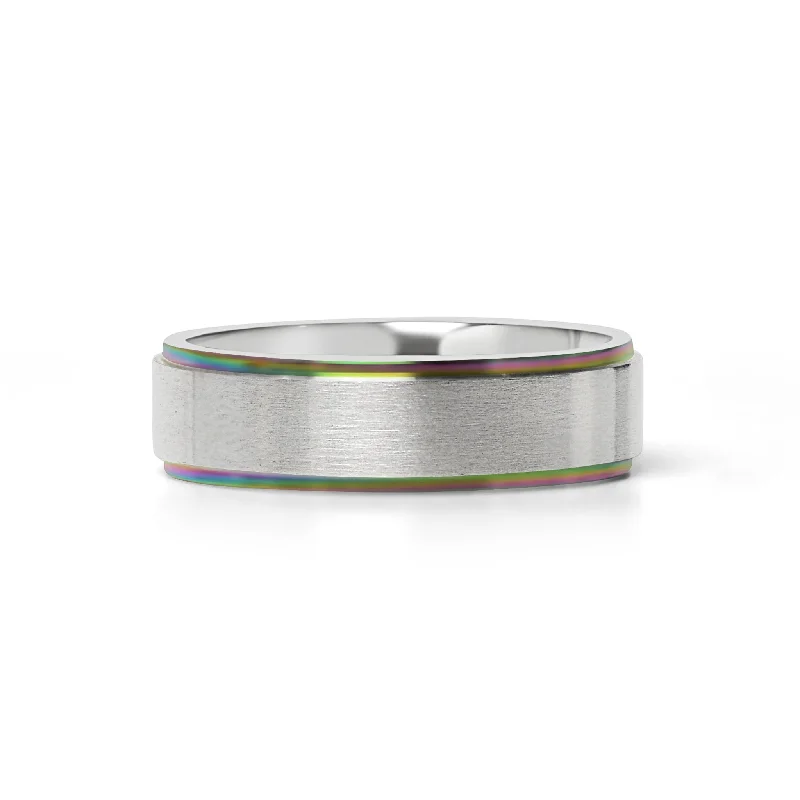 vintage-inspired ladies ring-Rainbow Edge Brushed Center Stainless Steel Ring / CFR7014