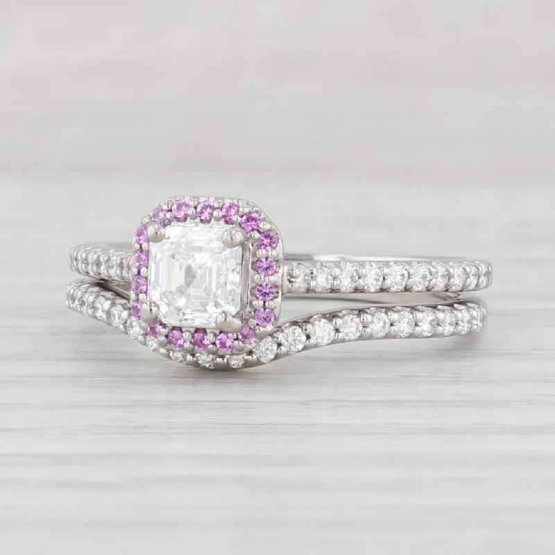 radiant-cut ladies engagement rings-GIA 1.13ctw Diamond Pink Sapphire Halo Engagement Ring Wedding Band Set Platinum