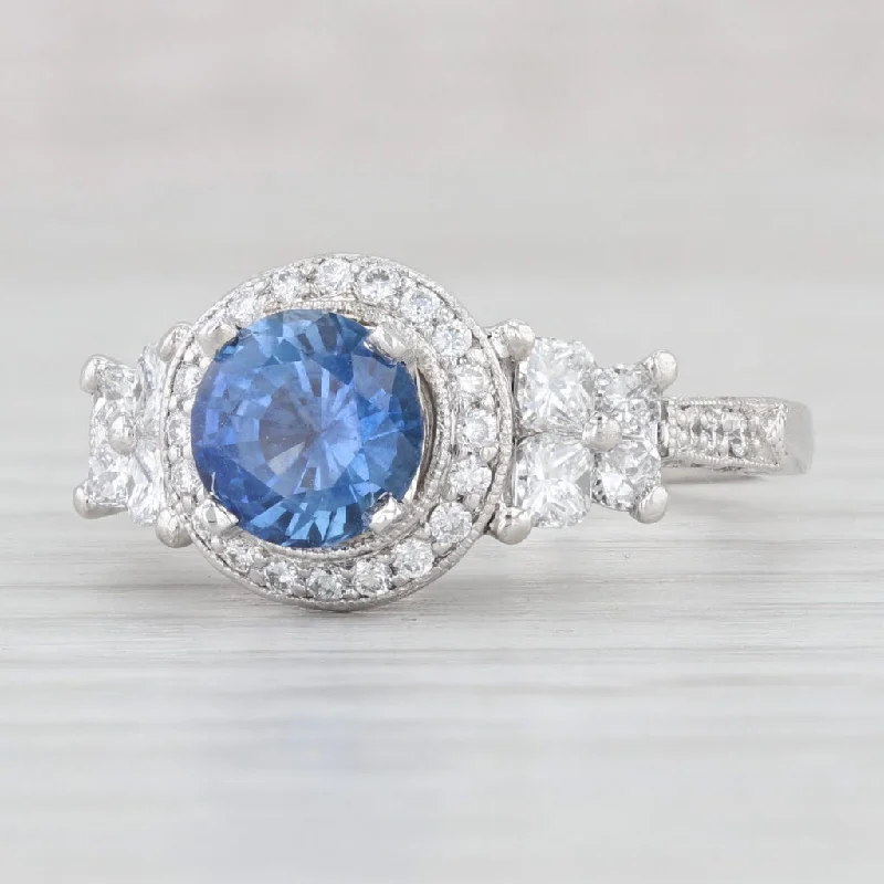 antique finish ladies engagement rings-1.95ctw Blue Sapphire Diamond Halo Ring Platinum Size 6.75 Engagement GGTL