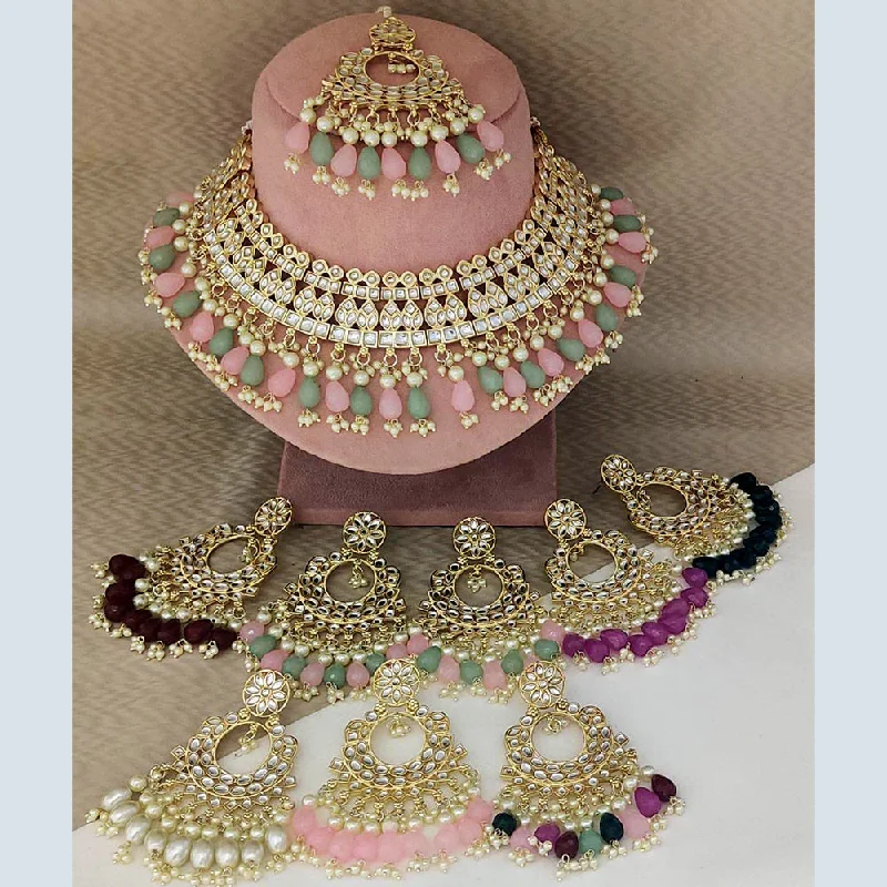 celestial-themed ladies necklace-Rani Sati Jewels Gold Plated Kundan Choker Necklace Set