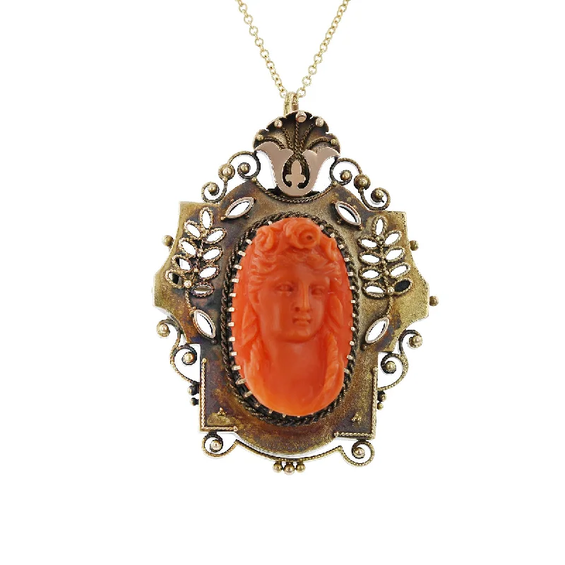 high-end gemstone ladies necklace-Victorian 14K Yellow Gold Coral Pendant Necklace