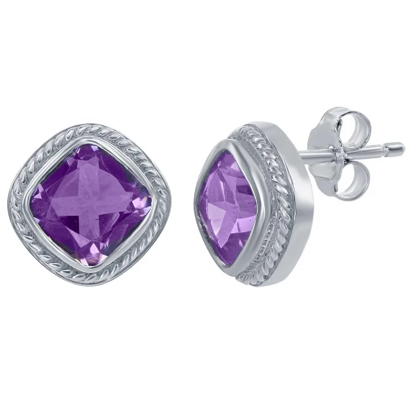 oval moonstone ladies earrings-Classic Women's Earrings - Sterling Amethyst Gemstone Small Square Designed | D-3929