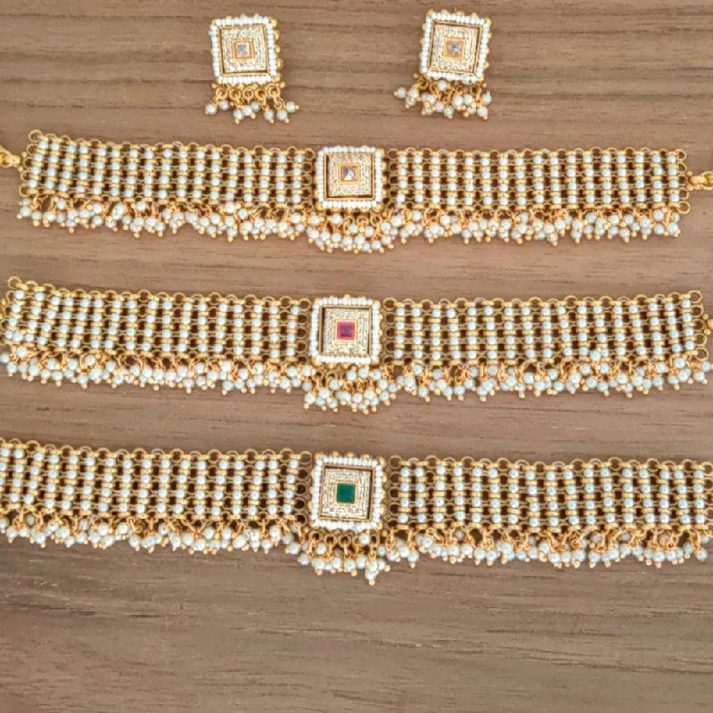 bohemian-style ladies necklace-Manisha Jewellery Gold Plated AD Stone And Pearl Necklace Set