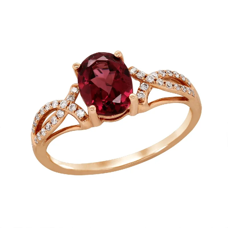 casual ladies ring-ROSE GOLD OVAL RHODOLITE GARNET RING WITH 34 DIAMONDS, .14 CT TW