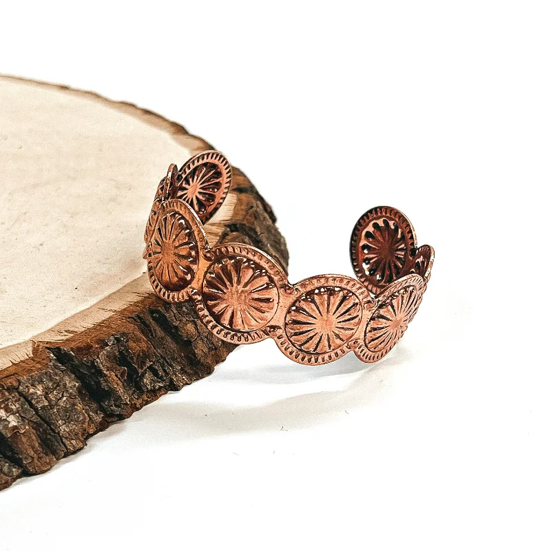 modern bar ladies bracelets & bangles-Western Concho Stamped Cuff Bracelet in Copper Tone