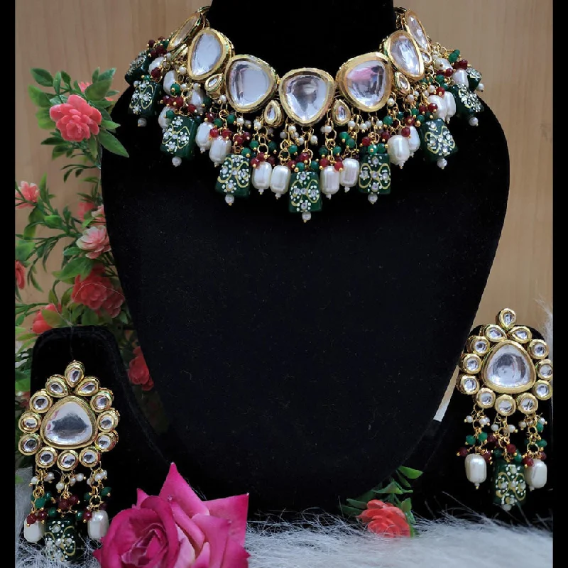 platinum ladies necklace-Shagna Gold Plated Crystal Stone And Beads Necklace Set