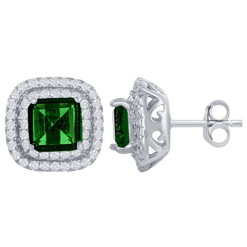 oval-cut ladies earrings-Classic Women's Earrings - SS Double CZ Square Border with Center Green CZ | D-6770