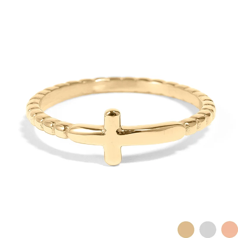 bold statement ladies ring-18K Gold PVD Stainless Steel Beaded Cross Stacking Ring / CSR0005