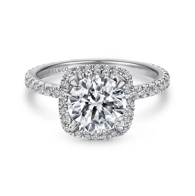 white gold ladies engagement rings-Gabriel "Daffodil" 14K White Gold Diamond Cushion Halo Engagement Ring