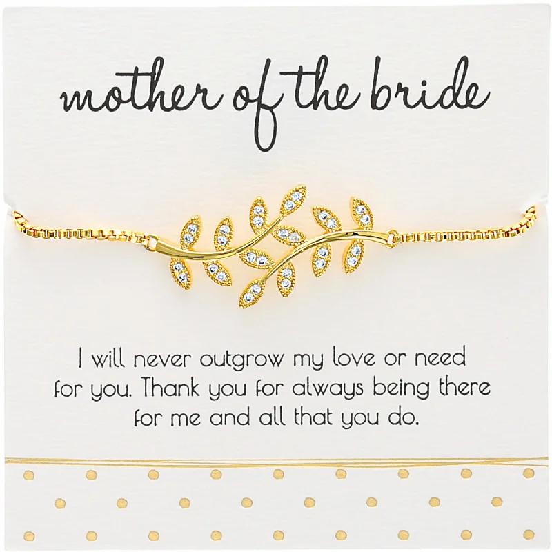 vintage ladies bracelets & bangles-Mother of the Bride White Zircon Leaf - Gold Plated Adjustable Bracelet