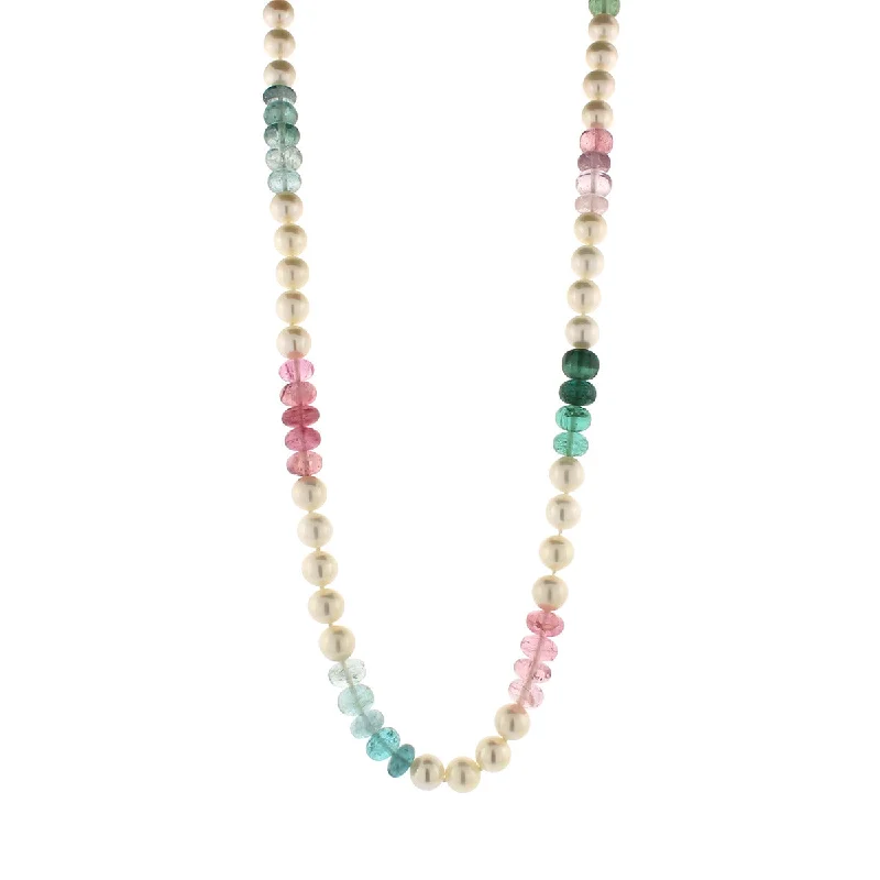 gold ladies necklace-Multicolored Tourmaline Beads and Pearl Necklace