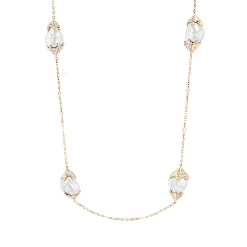 marquise cut ladies necklace-White South Sea Pearl Diamond Station Necklace