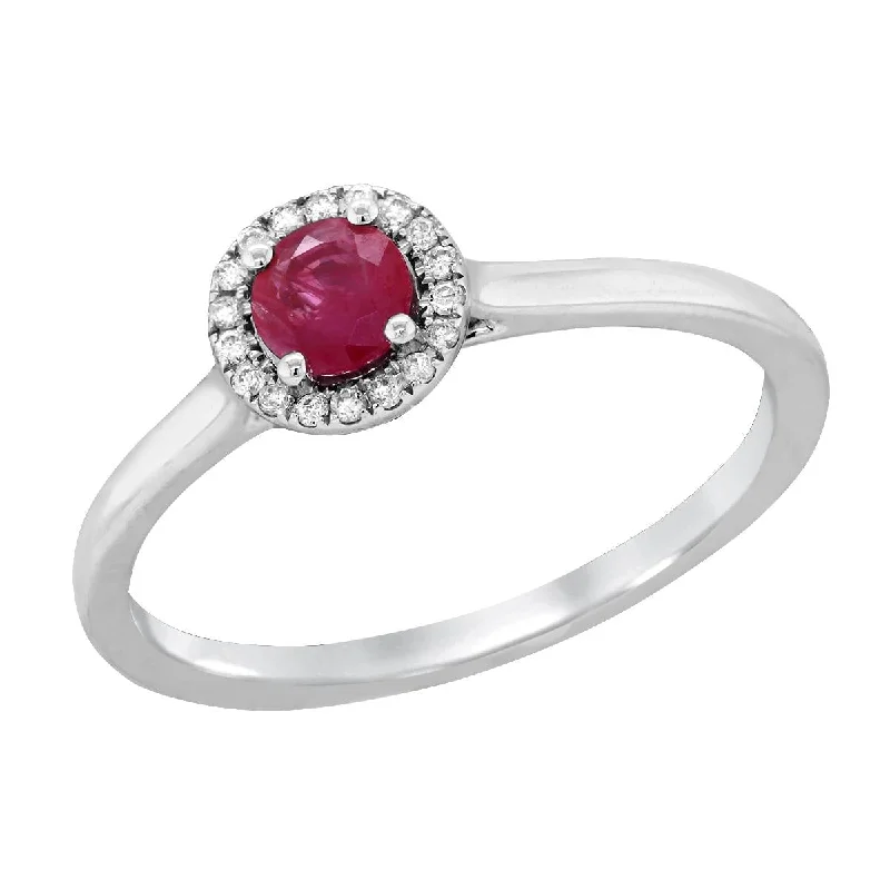 handmade ladies ring-WHITE GOLD RUBY RING WITH DIAMOND HALO, .05 CT TW