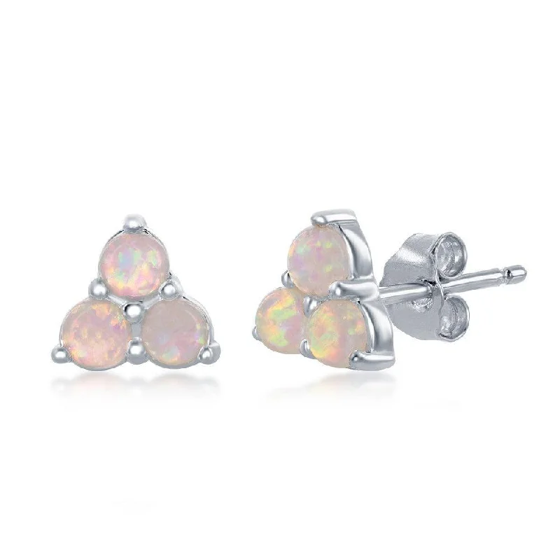 romantic love ladies earrings-Sterling Silver Triple White Opal Cluster Stud Earrings