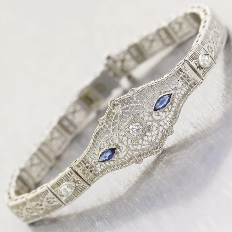 personalized name ladies bracelets & bangles-1930 Art Deco 14k White Gold .50ct Marquise Sapphire & Diamond Filigree Bracelet