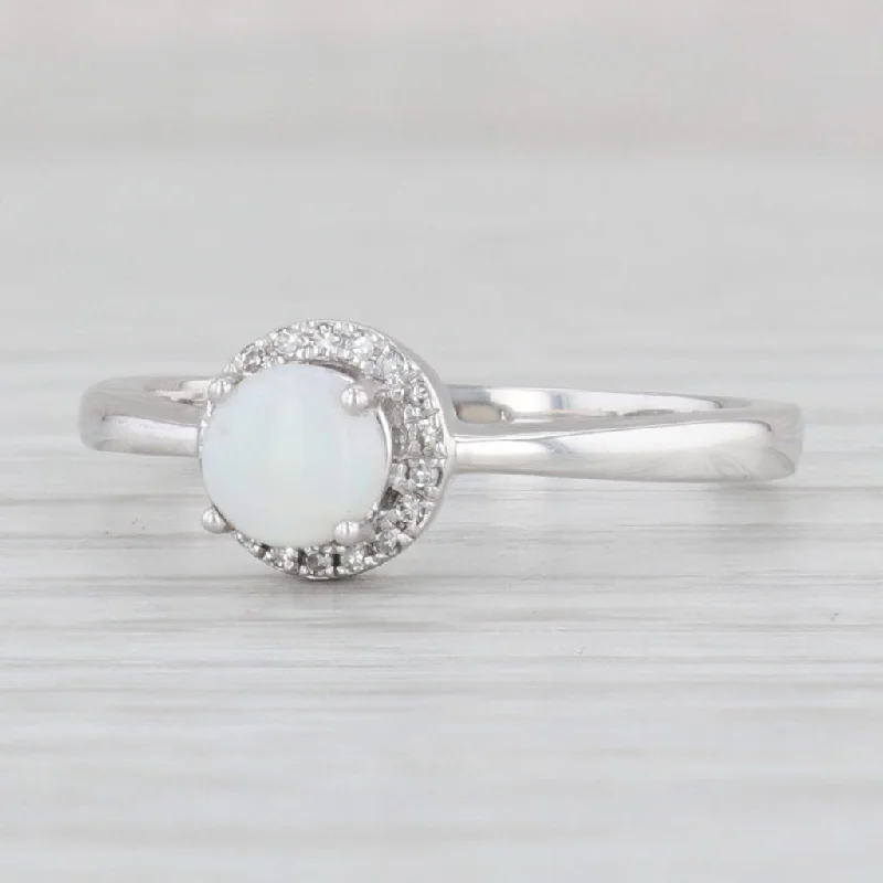 gemstone-accented ladies engagement rings-Opal Diamond Halo Ring 10k White Gold Round Engagement October Birthstone 7.25