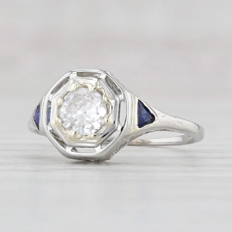 non-traditional ladies engagement rings-Art Deco 0.41ctw Diamond Synthetic Sapphire Ring 18k White Gold Engagement