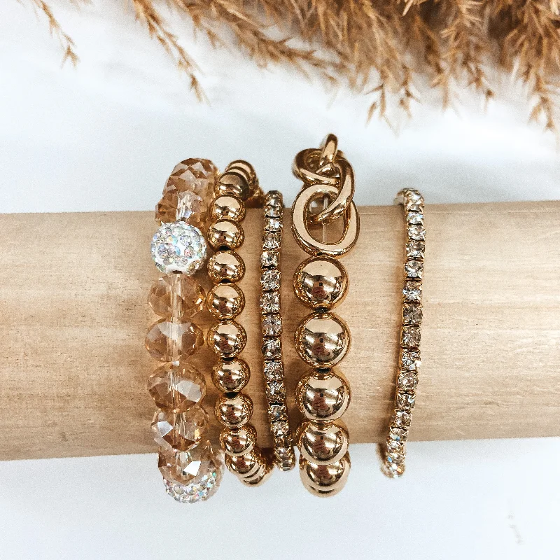 charm ladies bracelets & bangles-Set of Five | Crystal and Chain Beaded Bracelets in Gold and Champagne