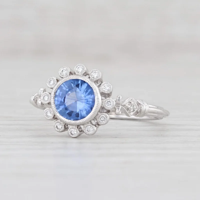 rustic hammered ladies engagement rings-New 1.09ctw Blue Sapphire Diamond Halo Ring 14k White Gold 6.75 Engagement