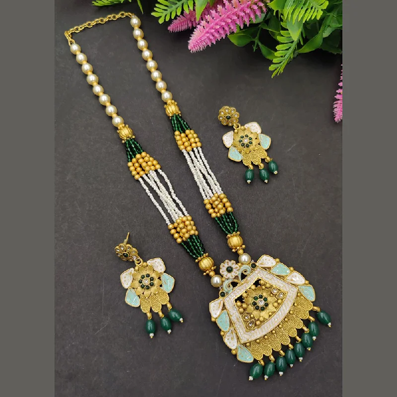 unique statement ladies necklace-SP Jewellery Gold Plated Pota And Meenakari Long  Necklace Set