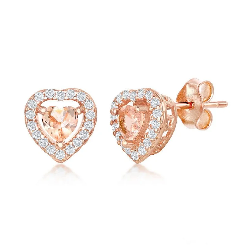 diamond ladies earrings-Sterling Silver Rose GP Heart Morganite CZ Stud Earrings