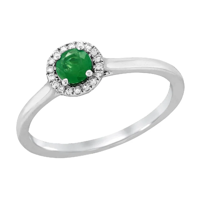 flower-shaped ladies ring-WHITE GOLD EMERALD RING WITH DIAMOND HALO, .05 CT TW