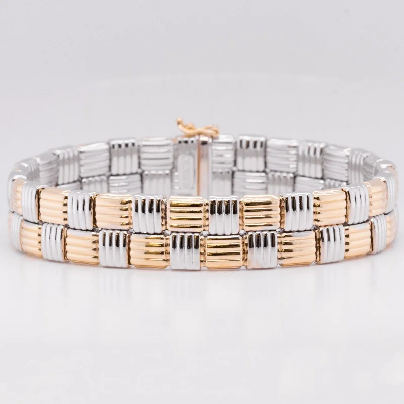 personalized name ladies bracelets & bangles-Superoro 14k White & Yellow Gold Checkered Link Bracelet 7.5" 12.00mm ITALY