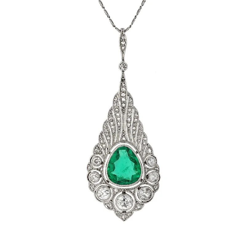 adjustable chain ladies necklace-Art Deco Platinum Colombian Emerald and Diamond Pendant Necklace