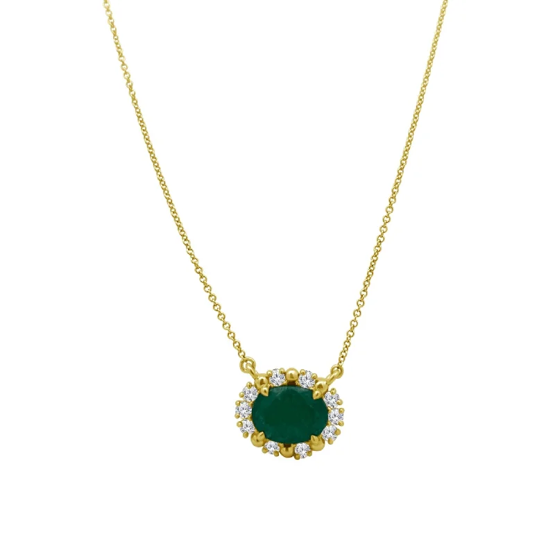 casual chic ladies necklace-Oval Emerald with Diamond and Gold Bead Halo Necklace