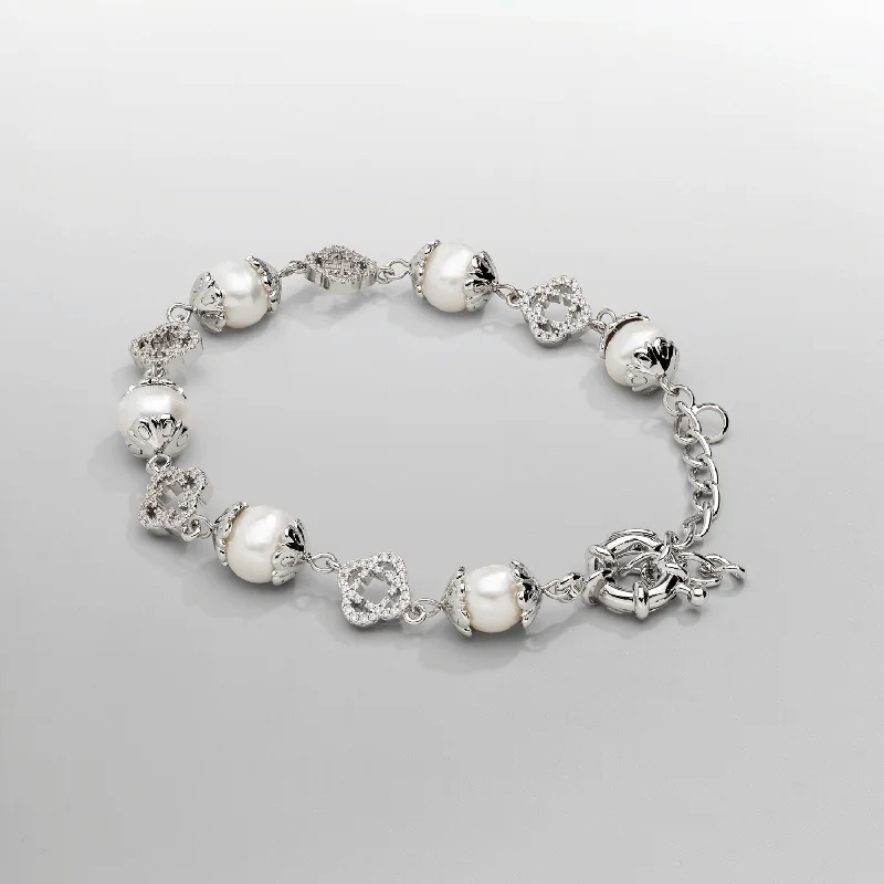 astrology sign ladies bracelets & bangles-Filigree Real Pearl Bracelet (Silver)