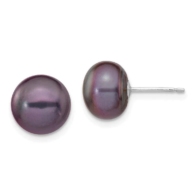 birthstone ladies earrings-14k White Gold 9-10mm Black Button FW Cultured Pearl Stud Post Earrings