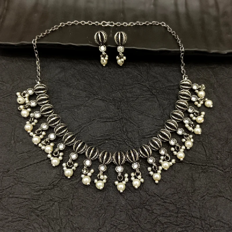 gold ladies necklace-Deep Jewell Oxidised Plated Austrian Stone Necklace Set