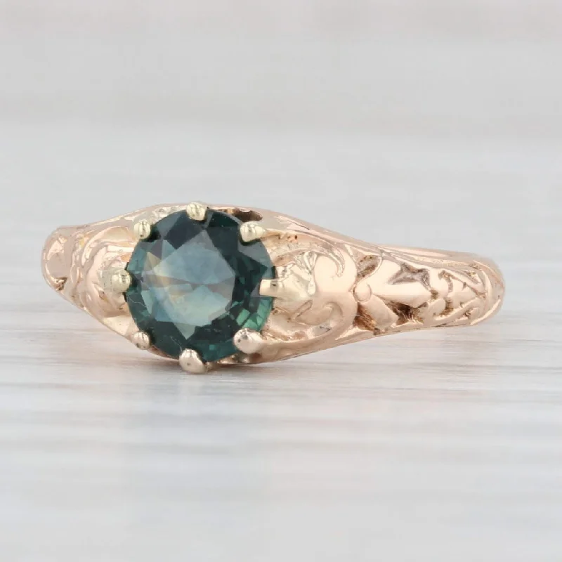 antique Victorian ladies engagement rings-Antique Teal Sapphire Solitaire Ring 18k Yellow Gold Size 6.75 Floral Engagement