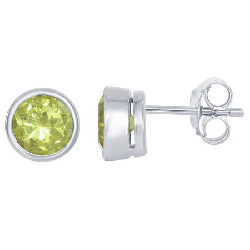 silver ladies earrings-Classic Women's Earrings - August Peridot Bezel Set Stud | D-5515-PD